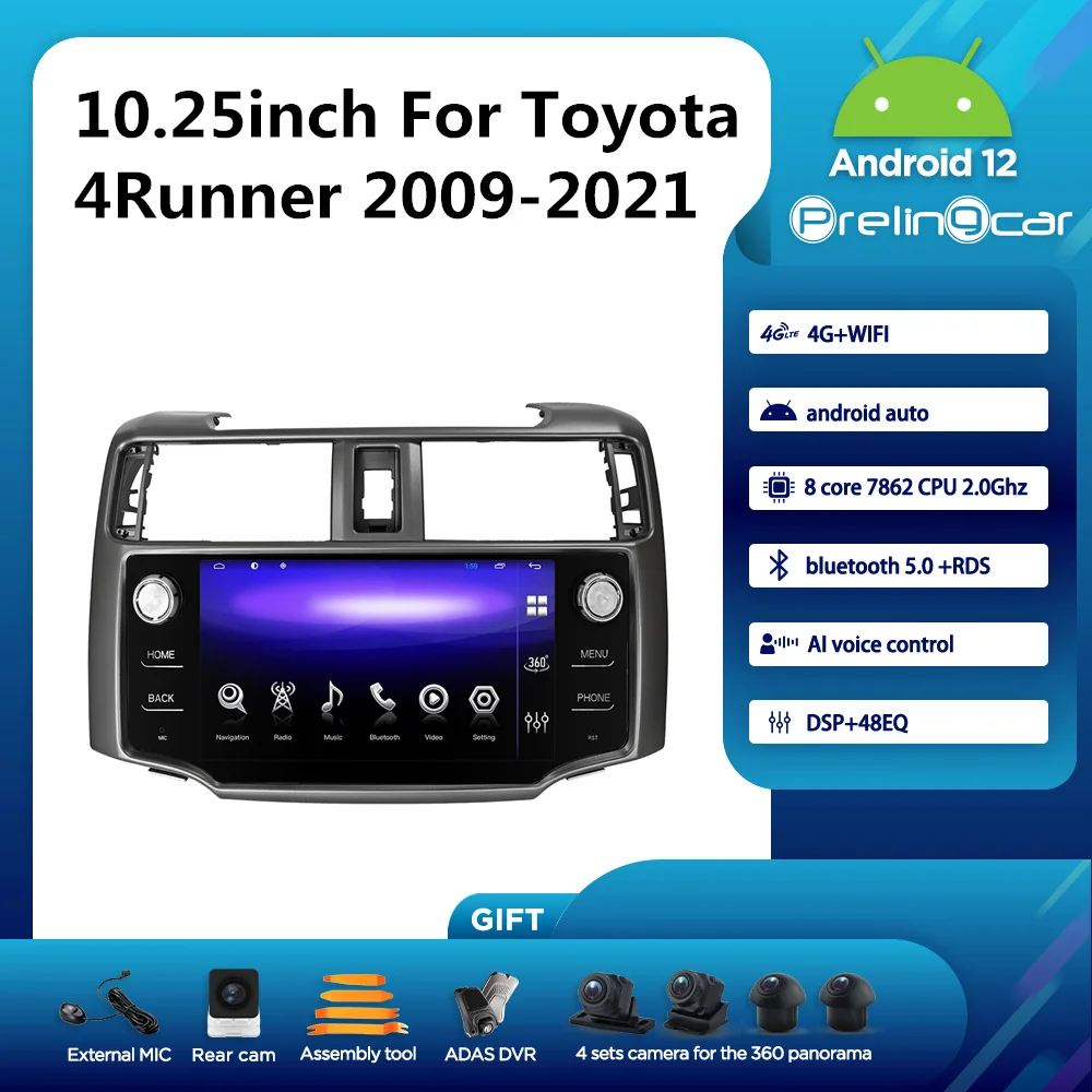 

Prelingcar Android 12.0 System 2 Din Car Radio Multimedia Video Player Navigation GPS 10.25Inch For Toyota 4Runner 2009-2021 Ys