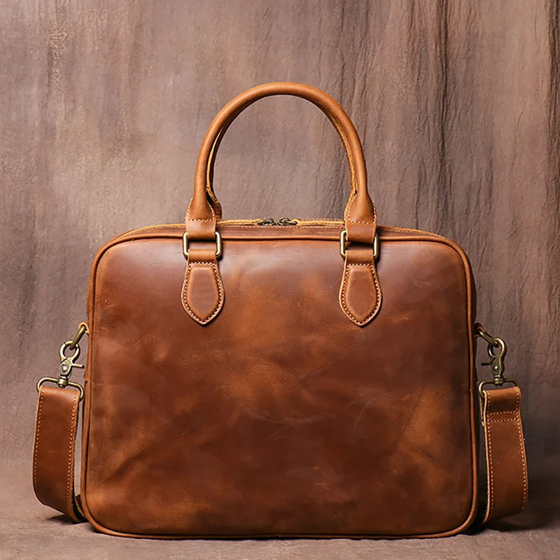 

Crazy Horse Leather Men Briefcase for Man Suitable for Storing Documents 14 Messenger Bag Business Retro Brown Handbag