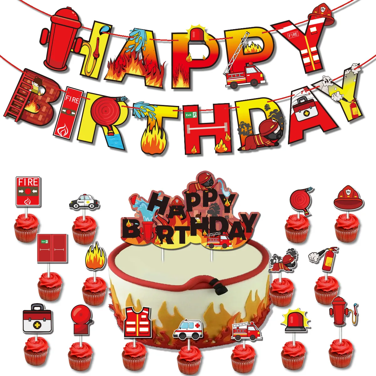 

SURSURPIRSE Fire Theme Red Flame Banner Fire Truck Water Valve Banner Cake Toppers for Boy Birthday Party Baby Shower Supplies