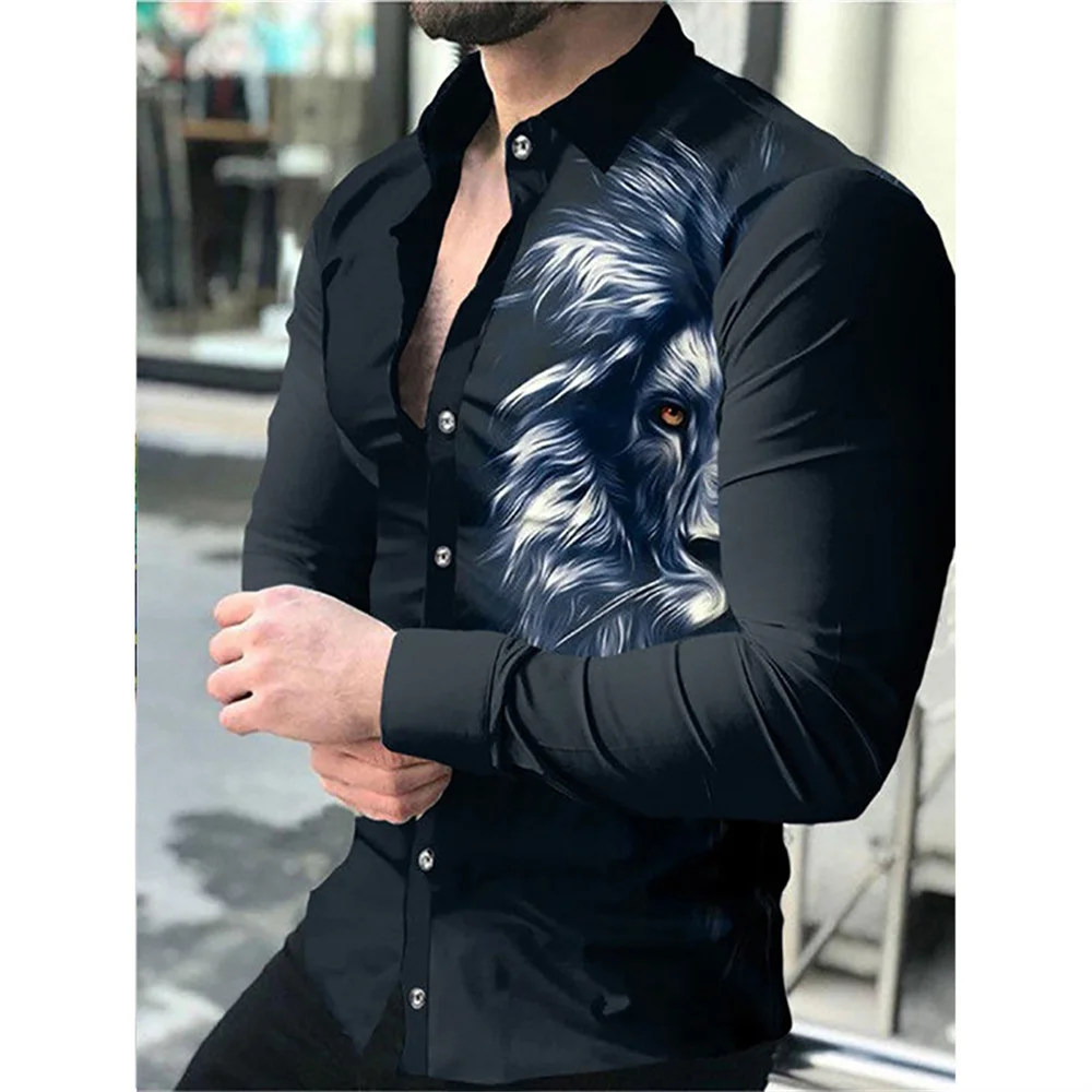 Men's Lion Pattern Lapel Men's Casual Sports Outdoor Street Long Sleeve Button Top Suit Lapel Clothing Casual and Comfortable