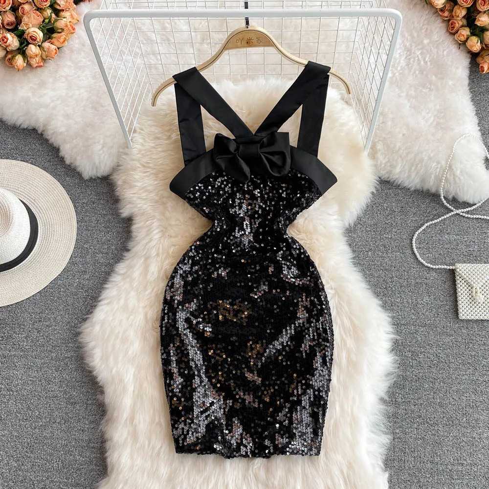 

2022 New Spring Summer Sexy Club Sleeveless Dress Women Bow Sequined Bandeau Sling Dress Short Black Shoulder-straps Dresses