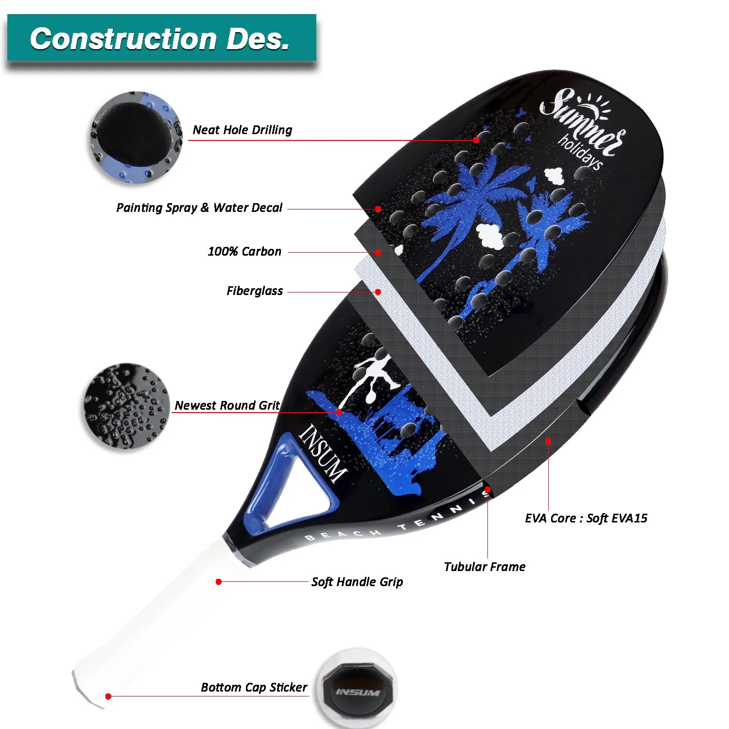 

INSUM Beach Tennis Racket Core 22mm Carbon Fiber with Soft EVA Face Newest Round Grit Racket Tennis Racquet