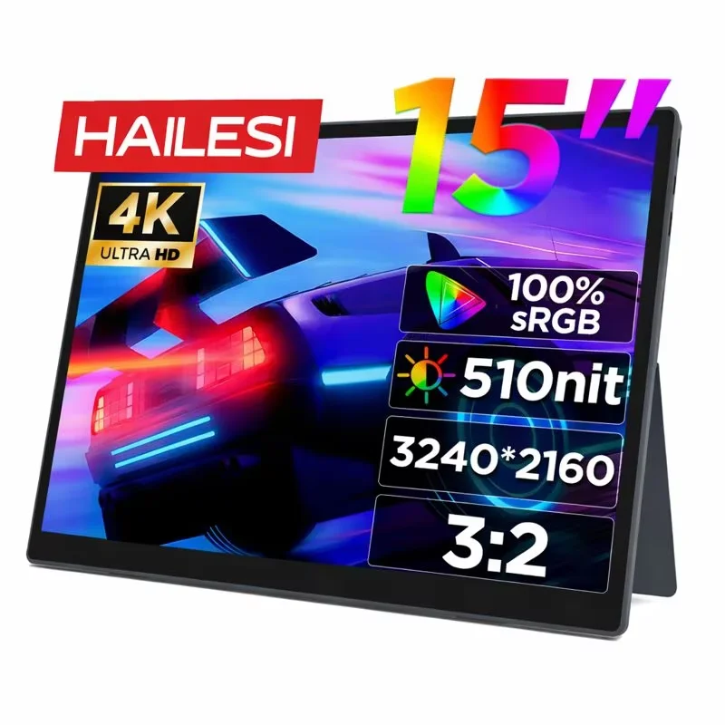 Фото Портативный монитор HAILESI S150, 15 дюймов, 4K (3240x2160), соотношение сторон экрана 3:2, высокая яркость 510 нит, IPS-панель, 100% sRGB, широкий цветовой охват №1