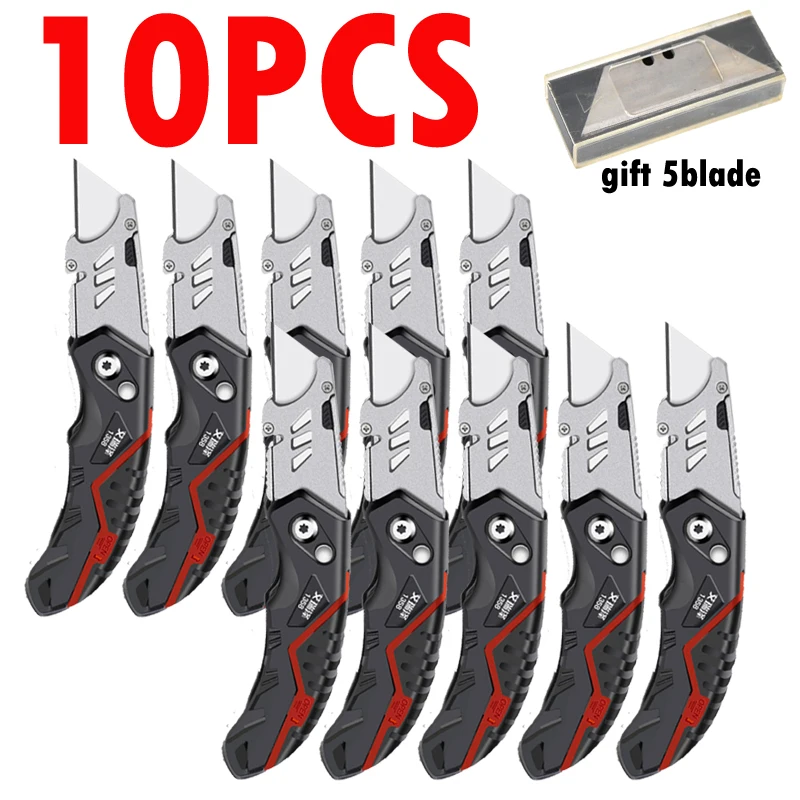 10pcs Reinforced Folding Utility Knife Multifunctional Pipeline Cable Spare Blade Stainless Steel Safe Cutting Office Supplies