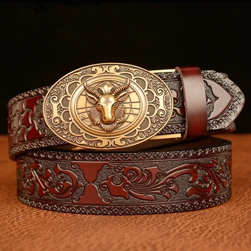 Men's New Chinese Zodiac Belt Sheep Head Automatic Buckle Belt For Men Personality Grass Pattern Casual Male Belt Jeans