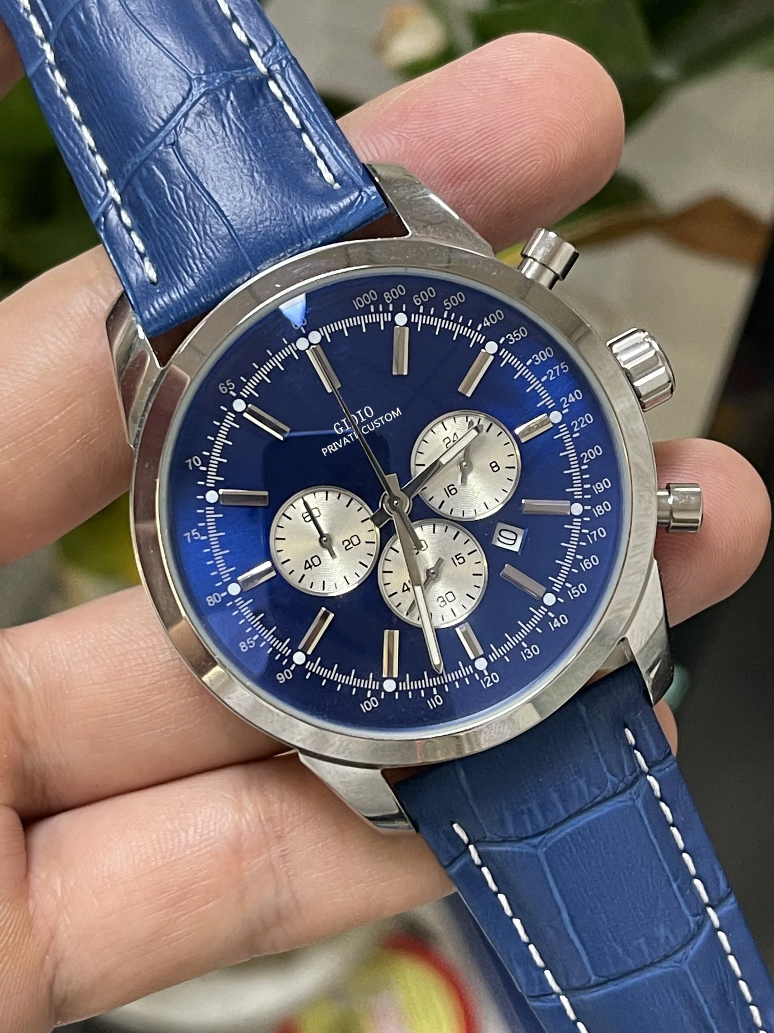 

Mens Quartz Chronograph Watch Black blue Leather