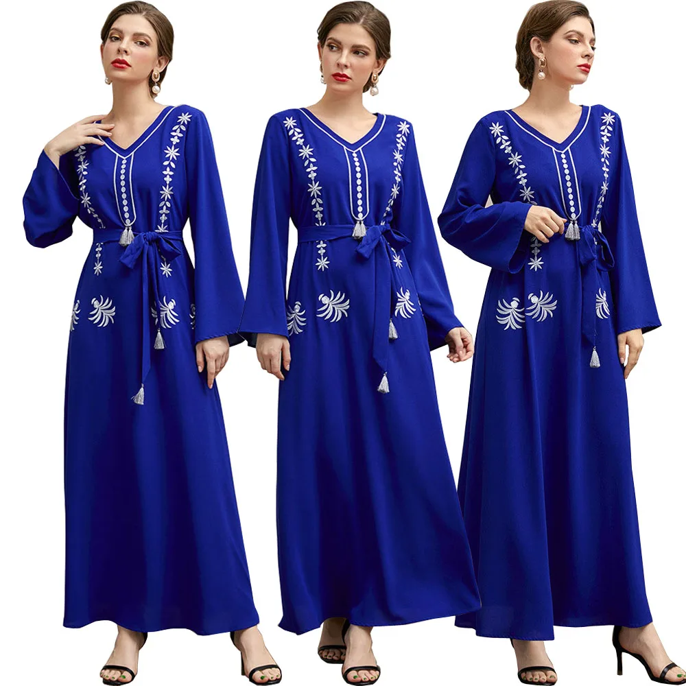 Элегантное платье Caftan Dubai Abaya для женщин Eid 2022 мусульманский марокканский кафтан с вышивкой V-образным вырезом Jalabiya Abaya вечернее платье