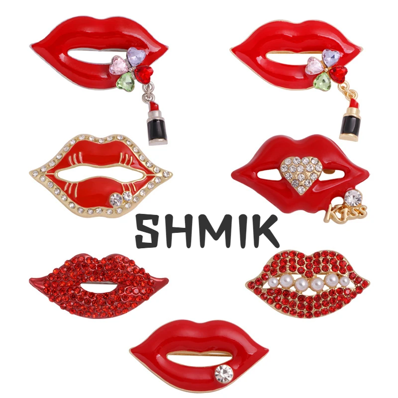 

Red Color Rhinestone Lips Brooches For Women Fashion Sexy Mouth Brooch Pin Shining Jewelry 2021 New Gift