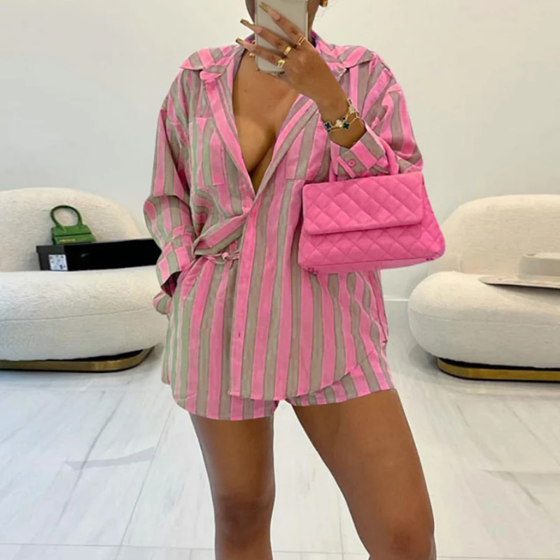 

Female Casual Shorts Outfits Spring Autumn Loose Striped Women Two Piece Sets 2023 Fashion Lapel Button Long Sleeve Shirt Suits