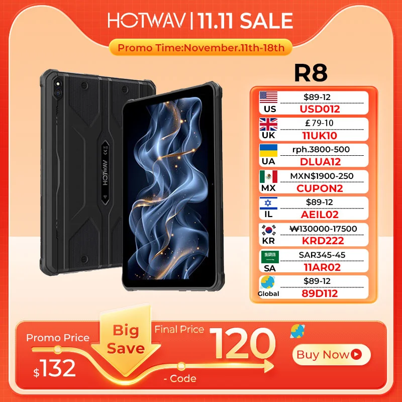 Новые прочные планшеты HOTWAV R8 Android 14 10 1 дюйма + 1080 мАч 5 МП 13 с камерой 12 (4 8) 128 ГБ