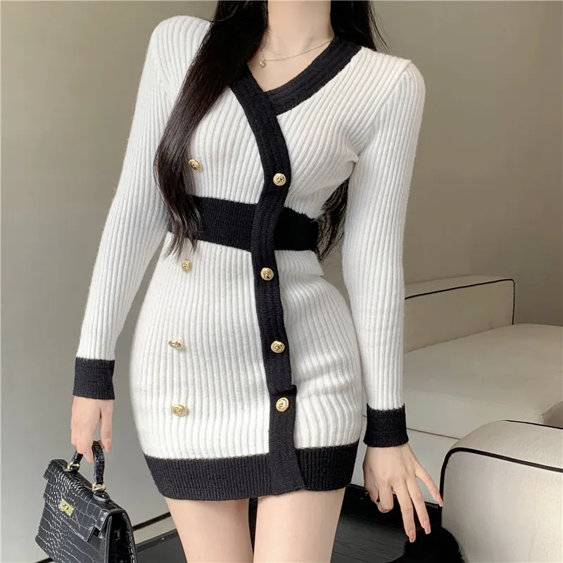 

French Vintage Celebrity Lady Short Knit Dress V Neck Button Elegant Pencil Mini Dress Color Contrast White Pink Bottoming Skirt