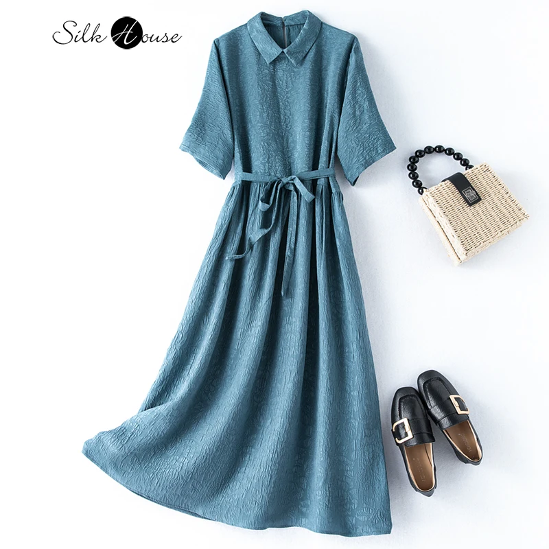 

2022 Women's Fashion Summer New Silk Dress Medium Length Guanle Crepe Embossed Peony Temperament Mulberry Silk Dress