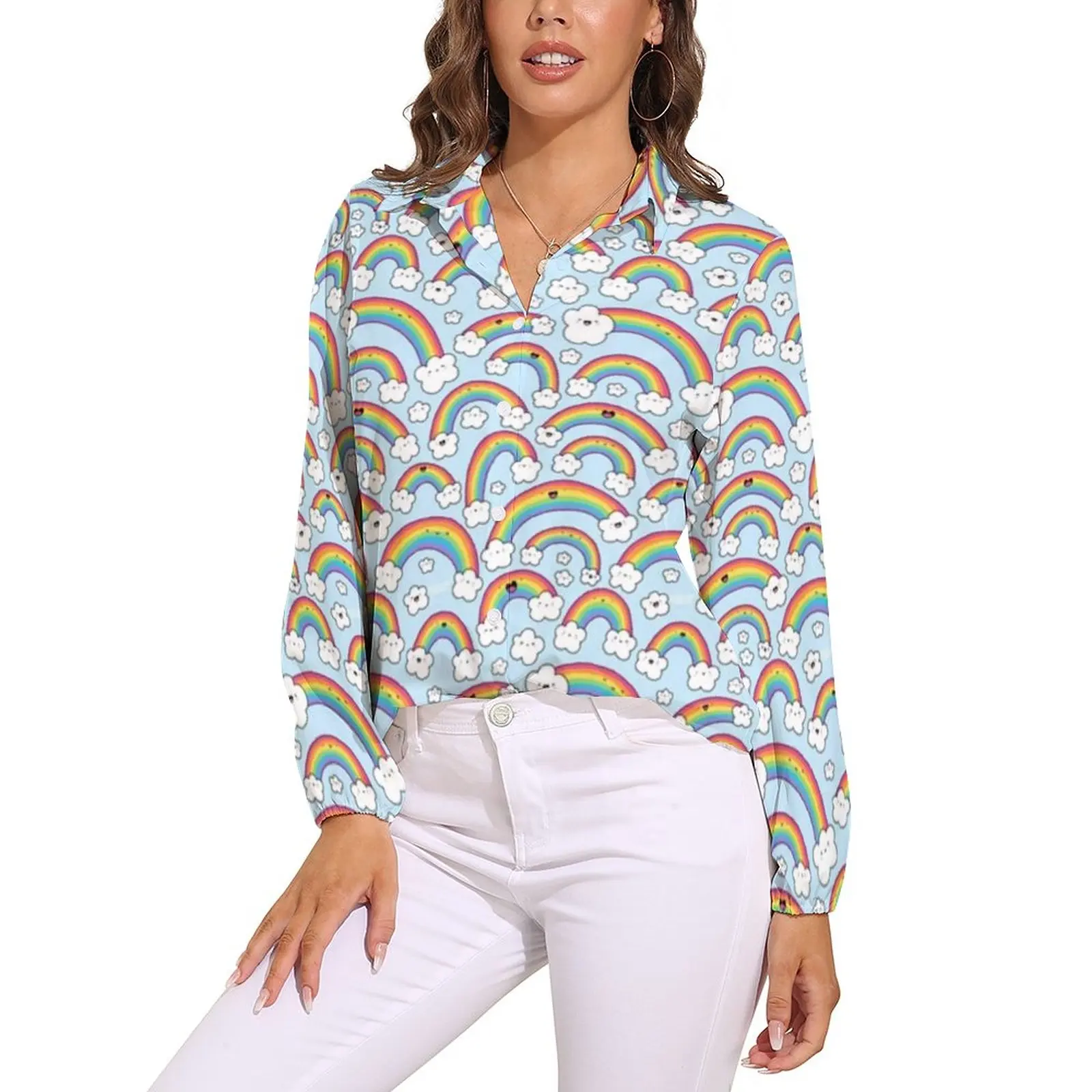 

Rainbow Blouse Clouds Long Sleeve Lady Lovely Shirt Summer Fashion Top Shirts