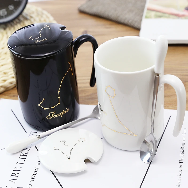 

Black and white Zodiac cup ceramic mug creative couple cup office water cup coffee cup covered spoon