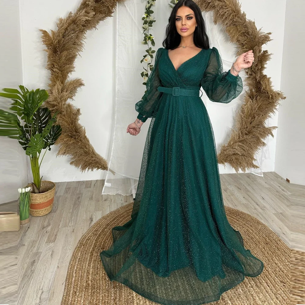 

OEING V-Neck Elegant Robe De Soirée Glitter Green Custom Made Evening Gown Long Puffy Sleeves A-Line Party Dress Prom Dresses