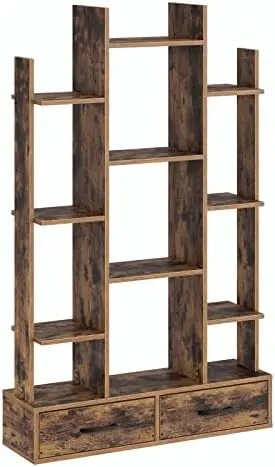 

with 2 Wooden Drawers, Rustic Wood Bookshelves, Book Shelf Free Standing Storage Shelf for Bedroom, Living Room, Home Office, Ru