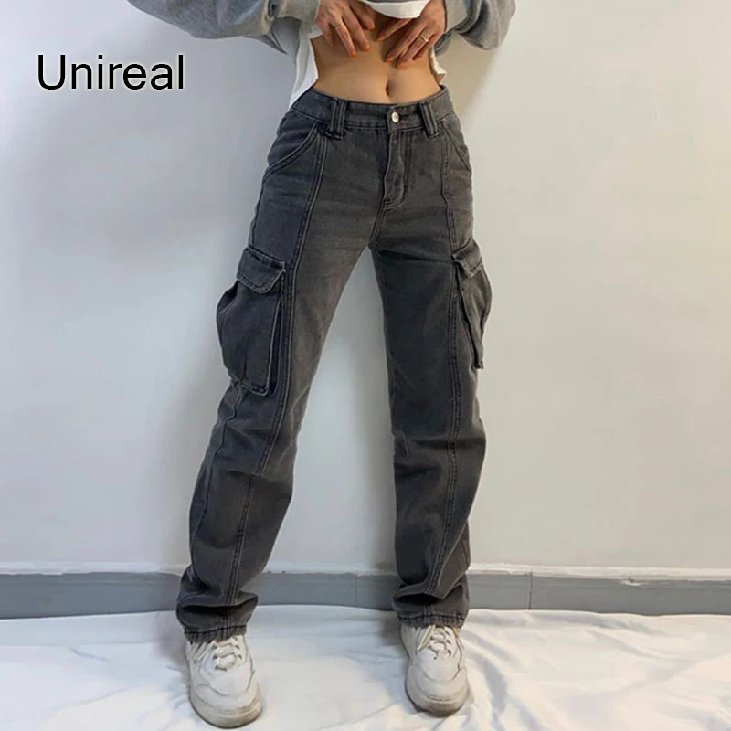 

Unireal 2022 Spring Autumn Women Denim Cargo Pant High Waist Pockets Zipper Streetwear Straight Pant Jeans Baggy Trousers