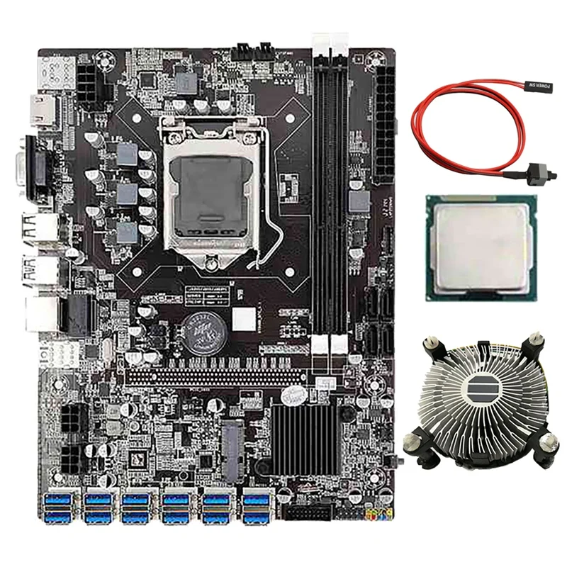 B75 BTC Mining Motherboard with G530/G630 CPU+Fan+Switch Cable 12 USB3.0 to PCIE GPU Slot LGA1155 DDR3 RAM SATA3.0+MSATA