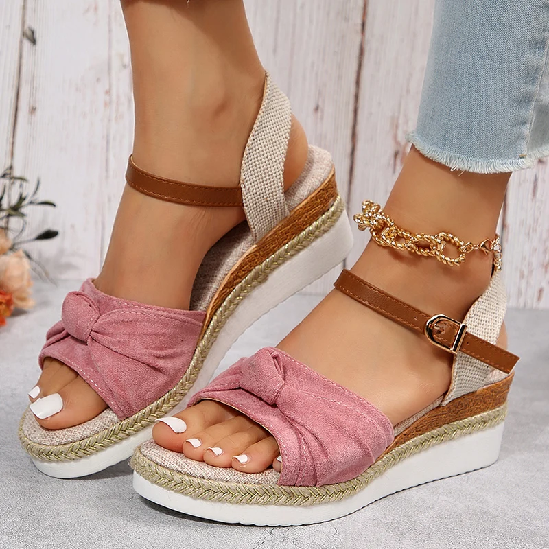 Summer Ladies Wedge Sandals Fashion Flock Thick Sole Roman Sandals Women Buckle Strap Casual Platform Sandalias Woman 2023