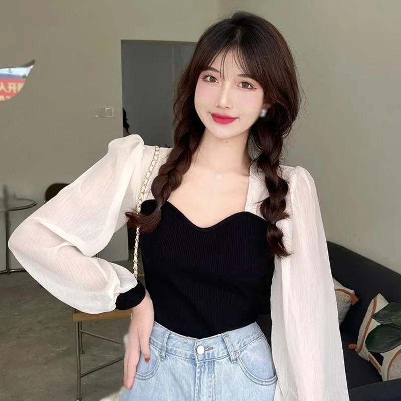 Женская Приталенная Блузка В Стиле Пэчворк С Пышными Рукавами И Квадратным