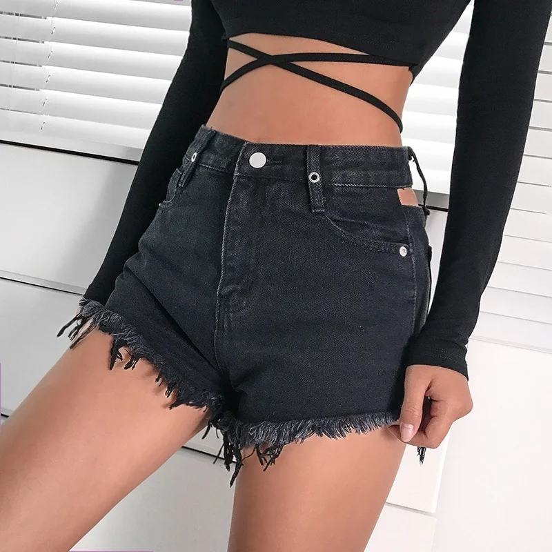 2021 New Women High Waist Shorts Sexy Hollow Denim Wide Leg Shorts Fashion New Slim Hip All-Match Casual Black Shorts for Female