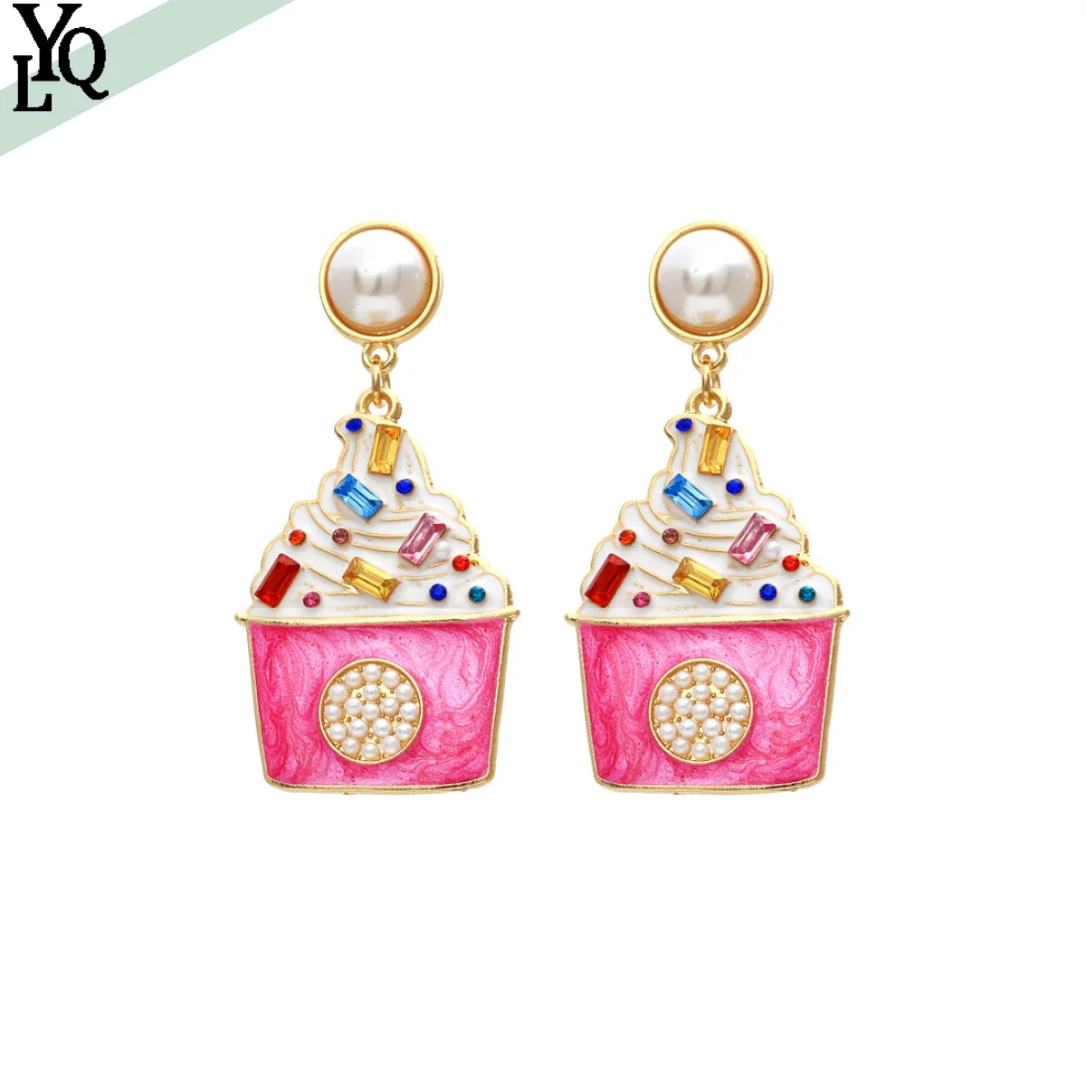 

Alloy Drip Oil Inlaid Pearl Ice Cream Fashion Design Abstract Cartoon Ice Cream Earrings