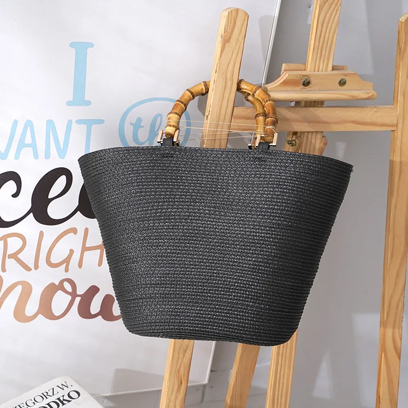 Large Capacity Bamboo Handle Straw Bag Casual Rattan PP Grass Woven Bag Color Matching Striped Tote Summer Beach Shoulder Bag