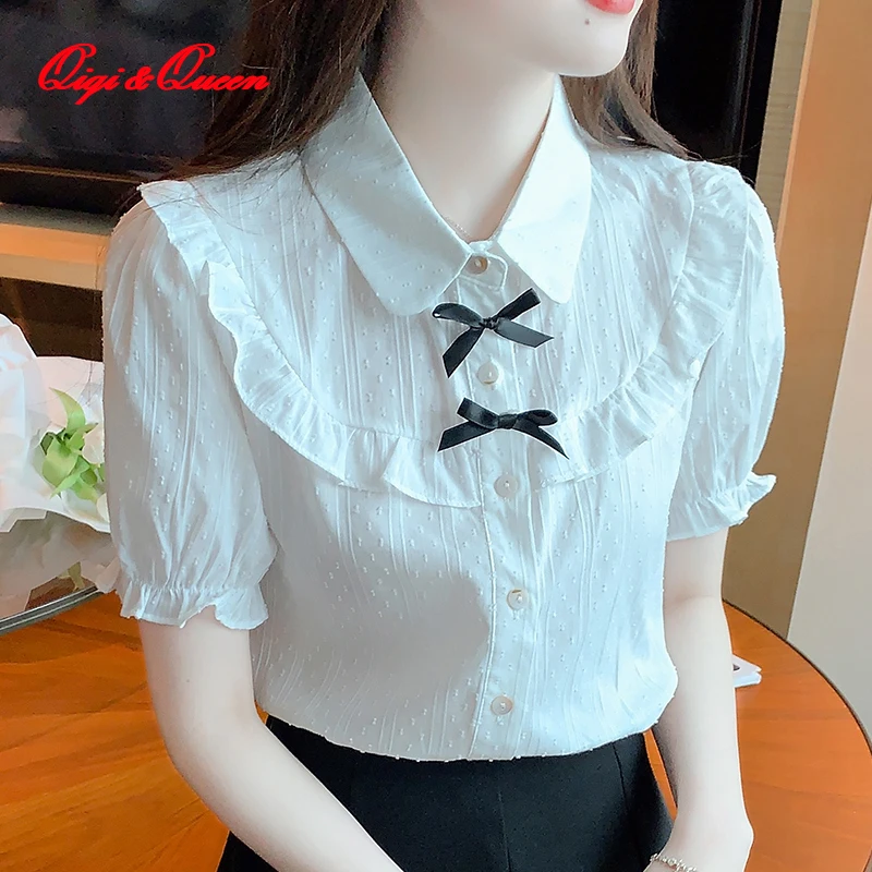 

Новые офисные летние рубашки Qiqi & queen, женская блузка, элегантные свободные блузы с бантом и буффами на рукавах, рабочая повседневная женская одежда