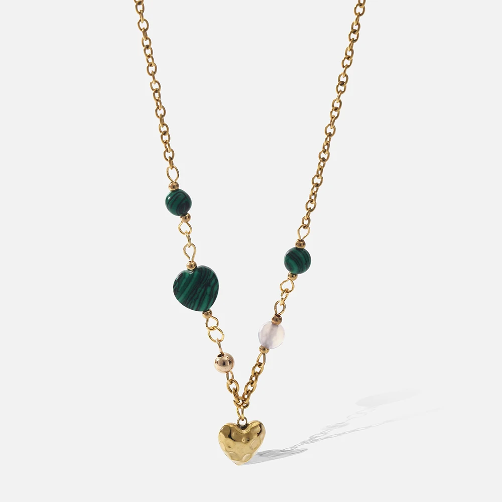 

Natural Stone Heart Pendant Necklace For Women 18K Real Gold Plated Fashion Ladies Stainless Steel Drop Necklace Jewelry
