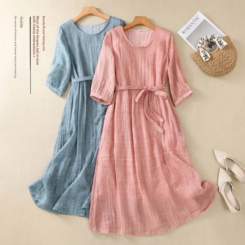 2024 хлопково-льняное художественное платье свободного покроя с круглым вырезом