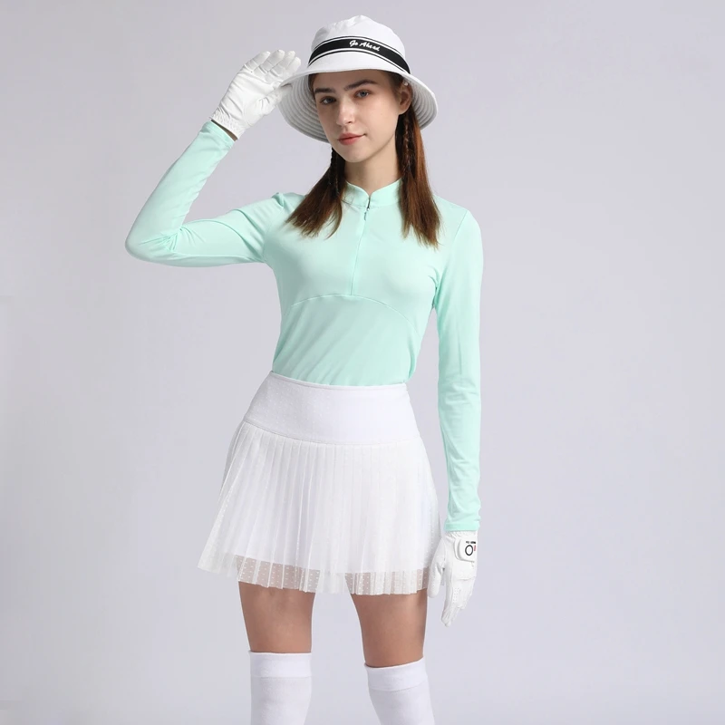 SG Golf Women Stand Collar Long Sleeve T-shirt Spring Autumn Golf Ladies Wear Slim Jersey Short Skirt Lace Pleated Skort
