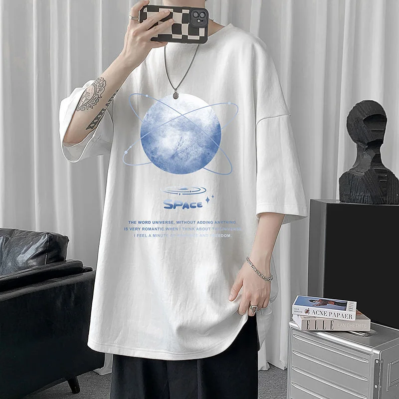 

Футболка HybSkr мужская оверсайз с рисунком синей планеты, хлопковая Повседневная рубашка с коротким рукавом, уличная одежда в стиле Харадзюк...