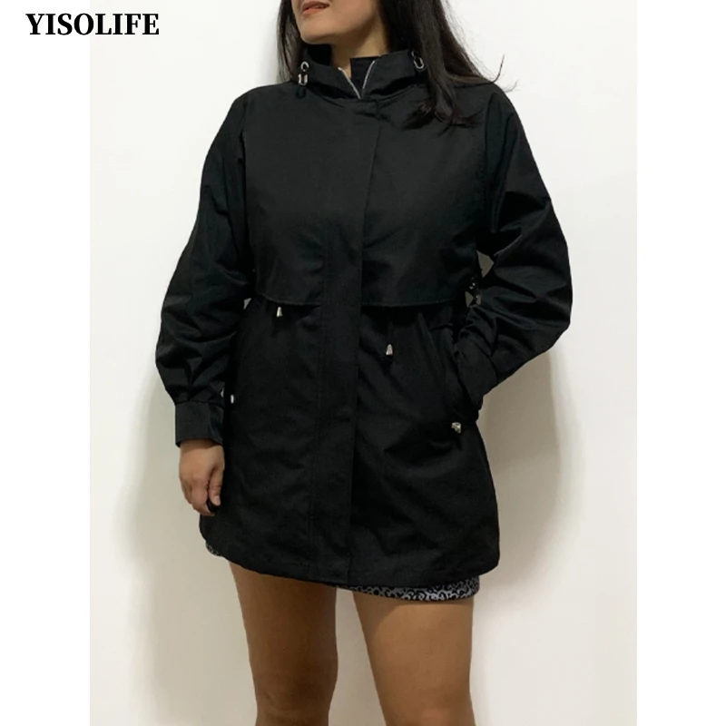 

YISOLIFE Women's Hooded Jacket Mid Length Jackets Full Zip Trench Coat with Drawcord at Waist Spring Autumn Outerwear