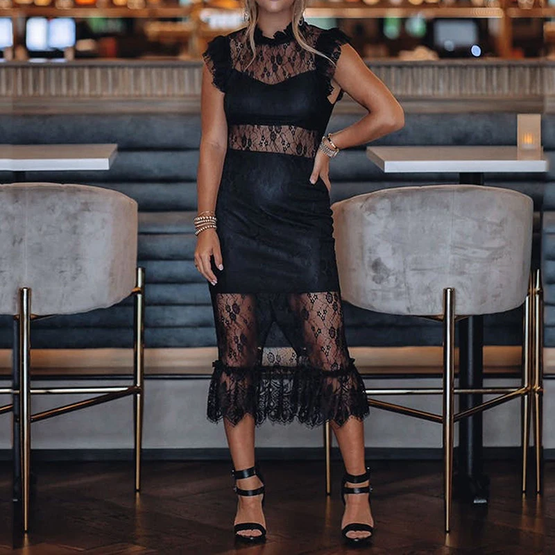 

Летнее сексуальное кружевное платье с цветочным рисунком, женские элегантные вечерние прозрачные облегающие длинные платья с оборками на ...