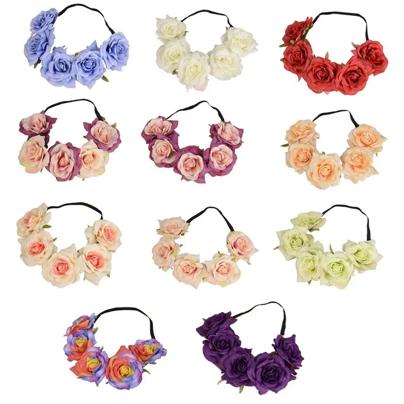 

L21E Korean Wedding Bridal Rose Flower Headband Creative Women Stretch Floral Crown Garland Hawaiian Beach Vacation Party