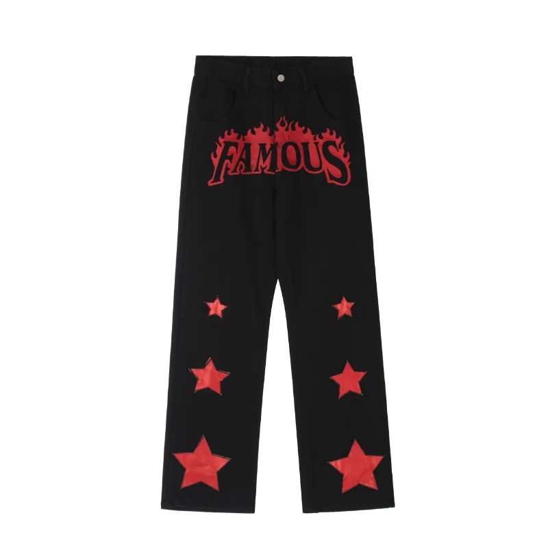 Fashion American Retro High Street Patch Embroidered Jeans Men's Ins Street Vibe Style Hip Hop Street Style Casual Pants Cotton