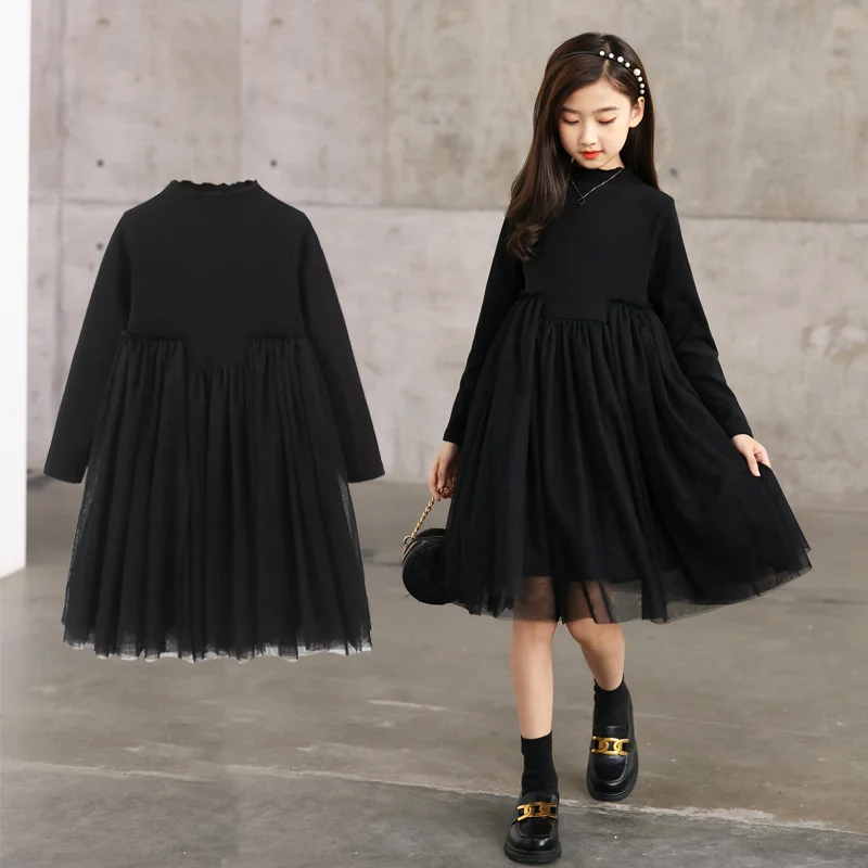 

Girl's dress elegant 2022 spring and autumn new solid bottomed puffy yarn princess long sleeved Mesh dancing ball gown Crew Neck