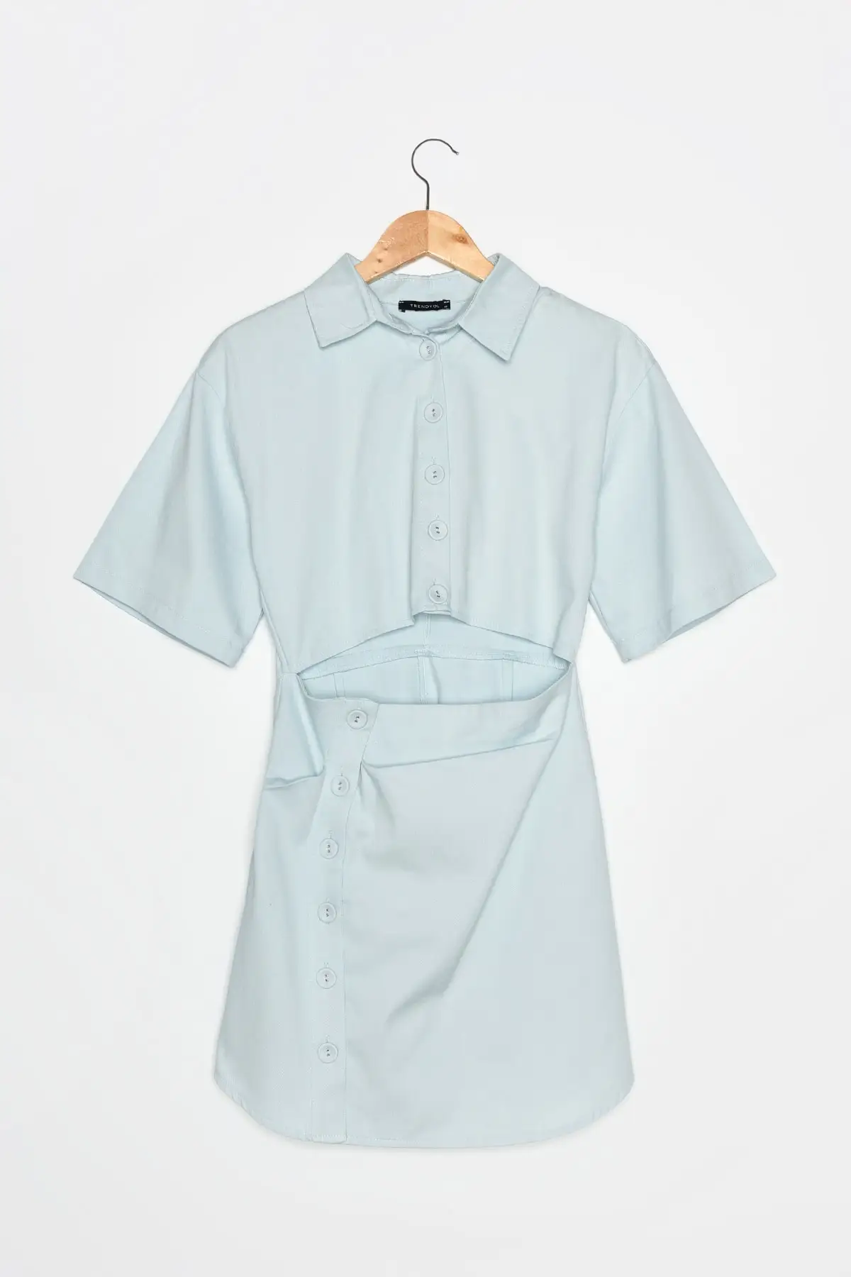 

Limited Edition Blue Waist Detailed Dress TWOSS21EL1780 Young Woven Plain Normal Shirt Neck Short Sleeve Mini Standard Asymmetric