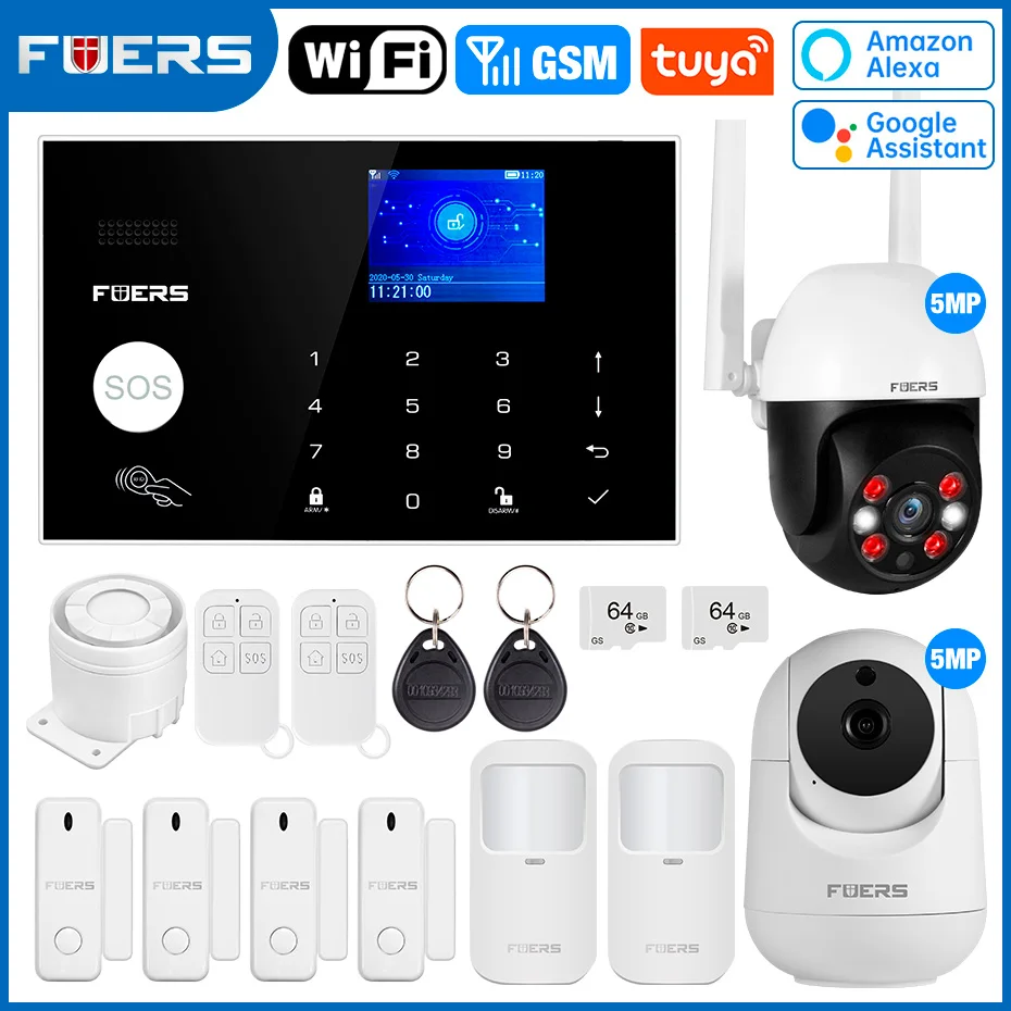 

FUERS Tuya WIFI GSM сигнализация Беспроводная домашняя охранная сигнализация APP Control Сирена Детектор движения PIR-датчик