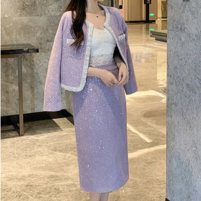 Новые элегантные твидовые комплекты из двух предметов женские фиолетовые