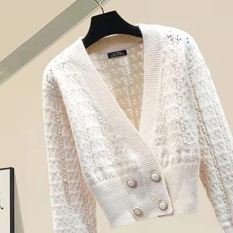 

Cardigan For Women Fall New V-Neck Double-Breasted Knitted Short Jacket Cutout Women's Sweater Sweater Woman Women Coat