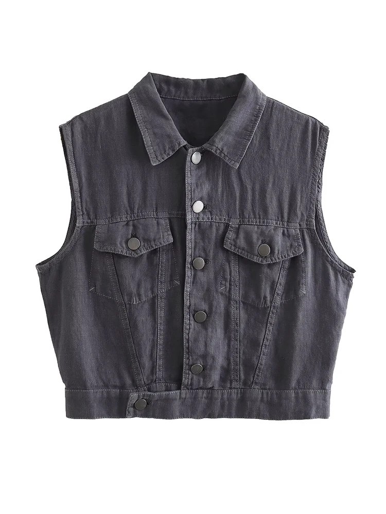 

TRAF 2023 Summer Women Causal Solid Vest Tops Fashion Lapel Sleeveless Vests Ladies Single Breasted Streetwear Chic Tops