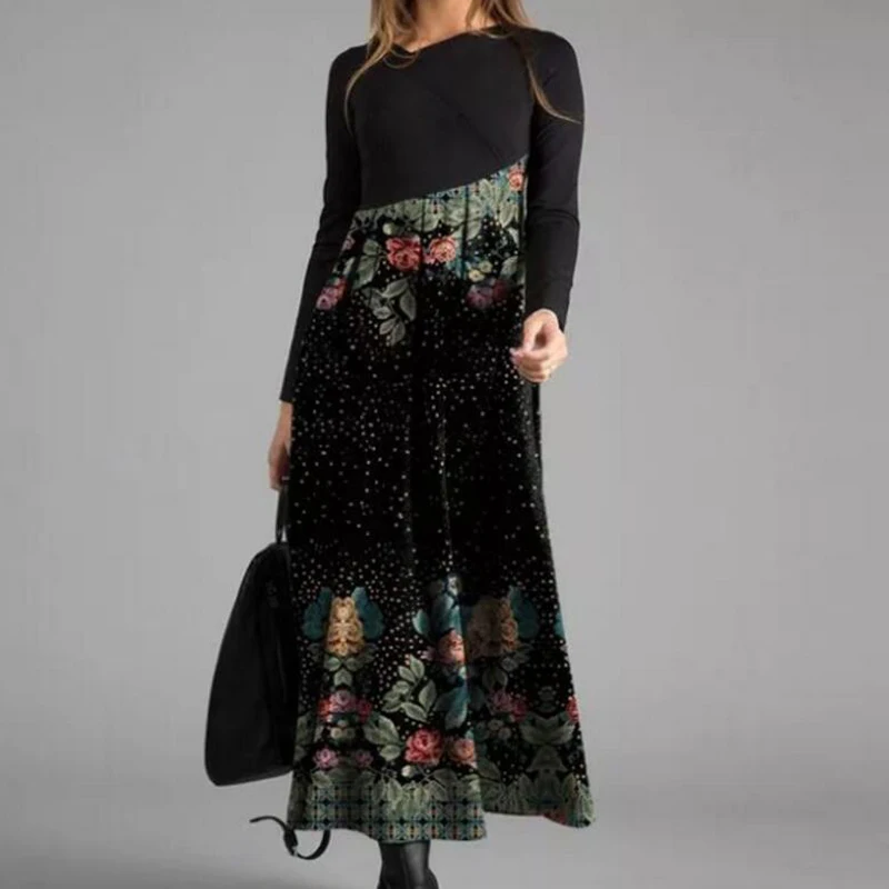 

Ladies Office Long A-Line Dress Fashion Women Elegant 2022 Autumn Female Casual Long Sleeve O Neck Chic Vintage Print Dresses
