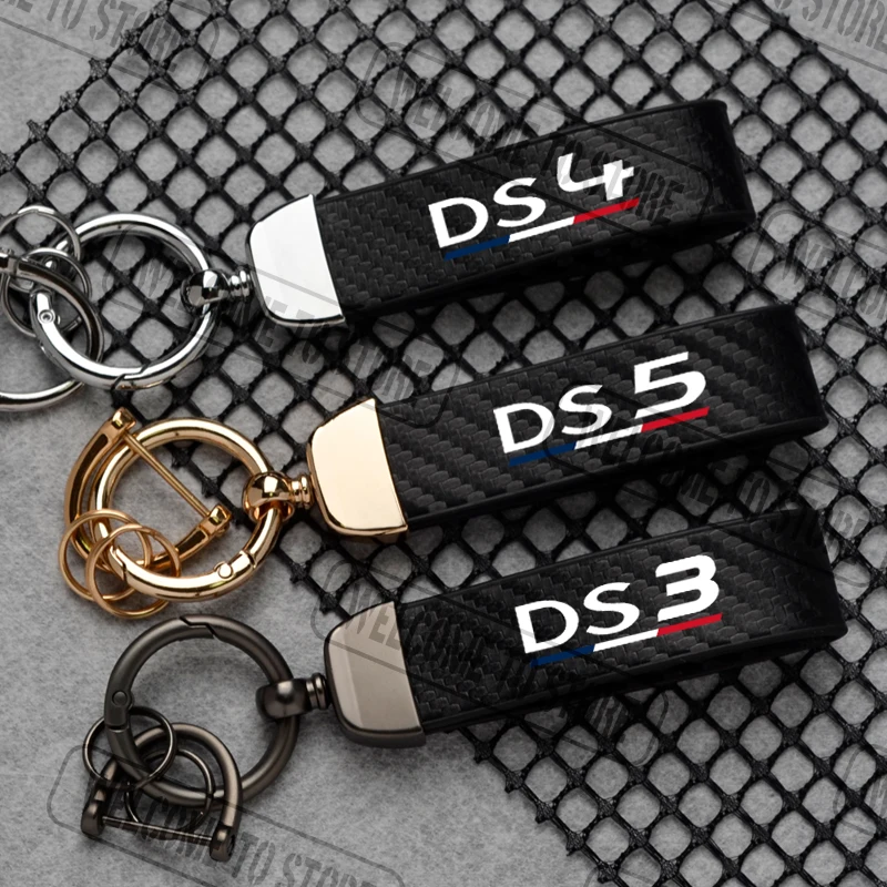 Фото Для Citroen Citroën DS5 DS4 DS3 DS логотип с французским флагом из углеродного волокна, кожаный автомобильный брелок с пряжкой в форме подковы, ювелирные аксессуары №1