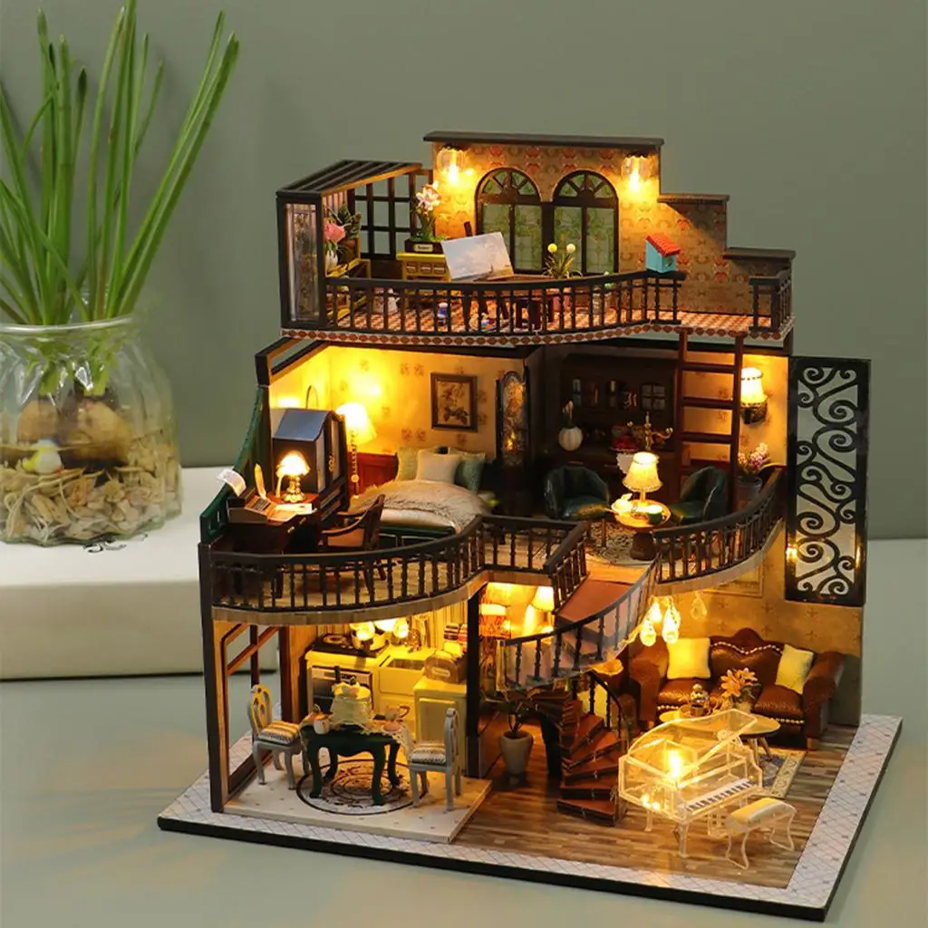 3D Doll House Kit Miniature DIY Retro Villa Handmade Wood Doll House for Christmas Kids