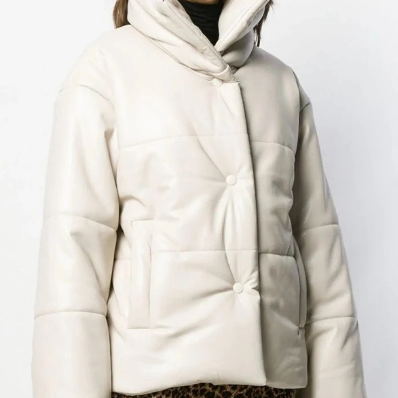 Women's Solid Color Simple Coat New High Collar Loose Casual Thickened Jacket Women's Imitation Leather Coat Office Parka Warm