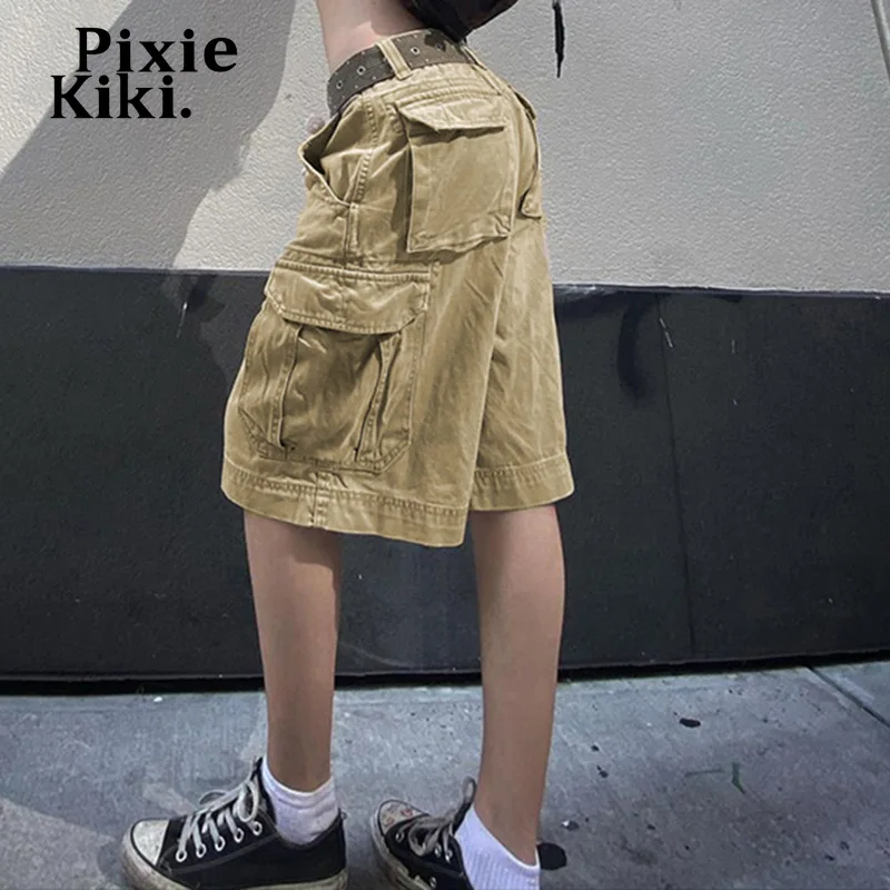 

PixieKiki Khaki Pockets Cargo Pants Women Y2k Jeans Streetwear Fashion Casual Summer Denim High Waisted Shorts for Women P77ED43