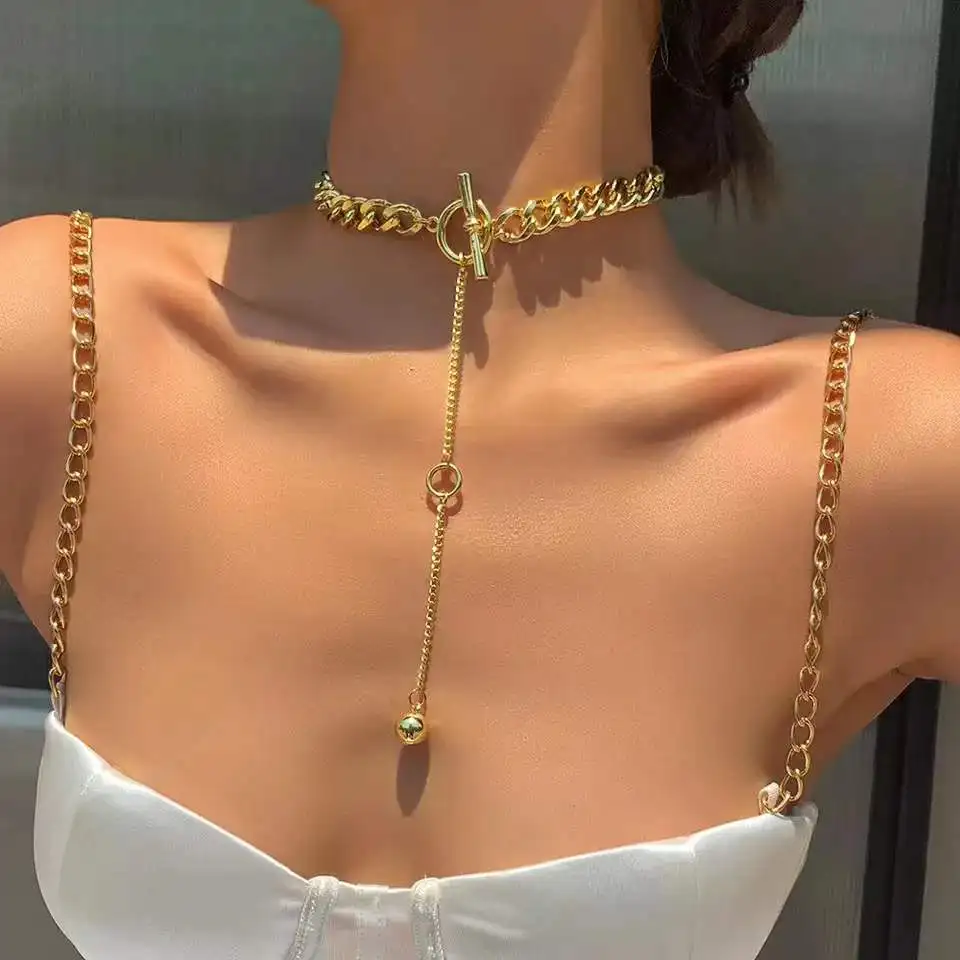 

Punk T Bar Choker for Women Pendant Necklace Cool Chunky Chain Students Simple Chain Drop Necklace for Women Party Jewelry 2322