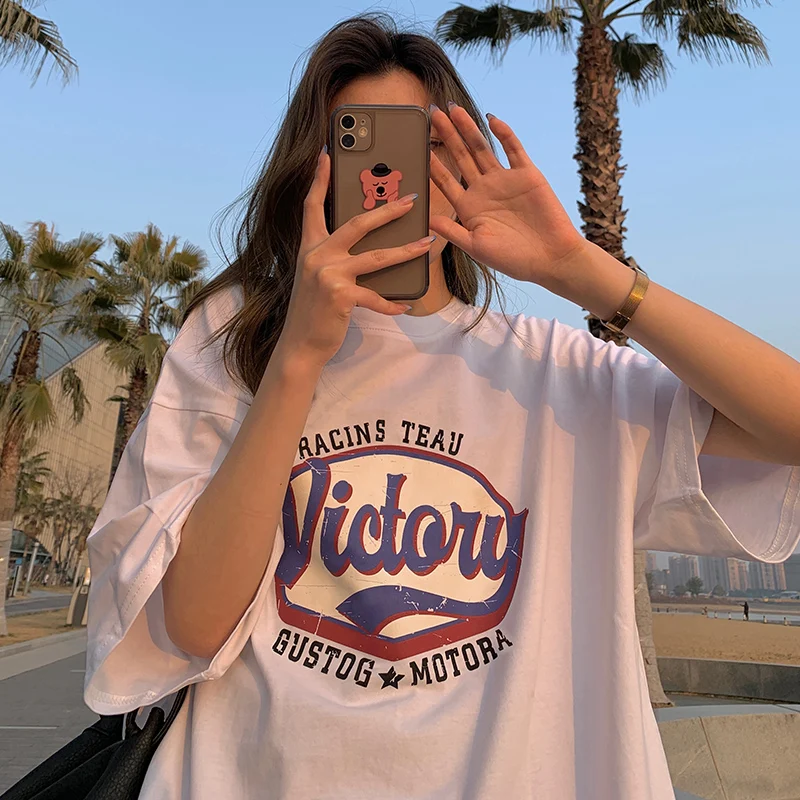 

Summer Harajuku Loose Plus Size T-shirt Comfortable Simple Letter Print Casual Short Sleeve Top Retro Fashion Women Streetwear