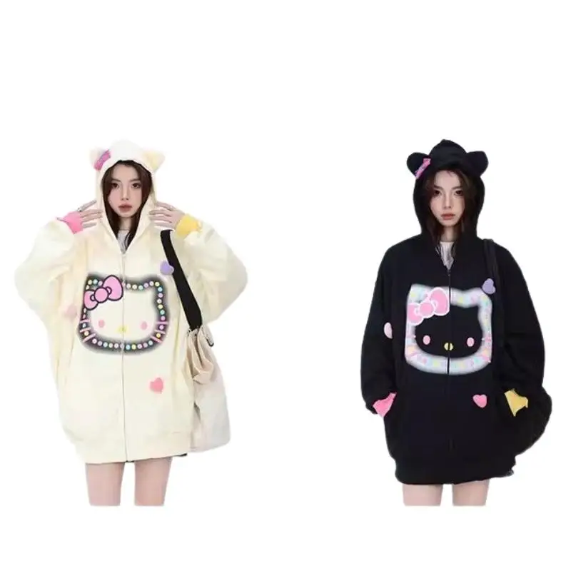 Популярный Kawaii Hello Kitty милый свитшот с капюшоном Sanrio топы длинными рукавами для